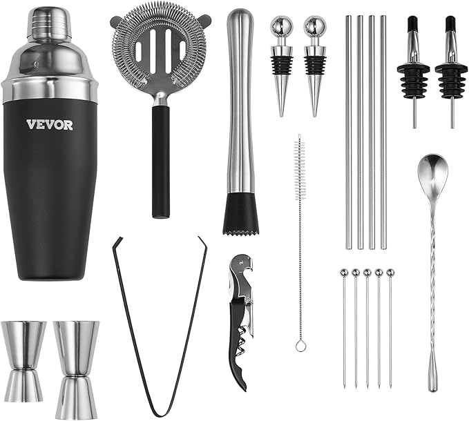 VEVOR Cocktail Shaker Set, 23-Piece Stainless Steel Bar Tools with Bamboo Stand, Martini Bartender Kit Accessories | Mixer Spoon, Muddler, Jiggers, Strainer, Liquor Pourers, Ice Tong, Corkscrew