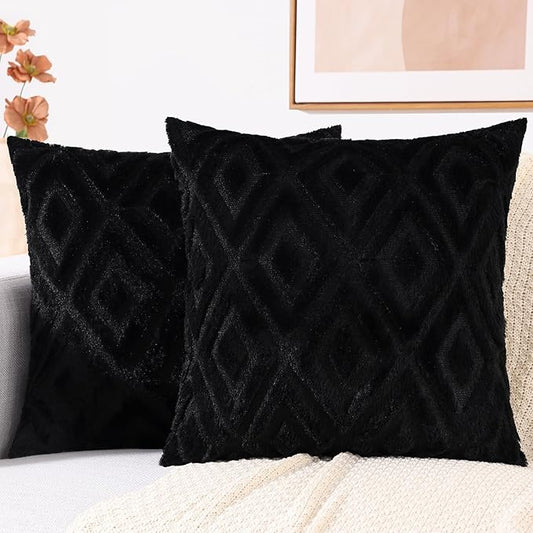 decorUhome Couch Throw Pillow Covers 22x22 Set of 2, Decorative Soft Plush Faux Wool Neutral Accent Pillow Covers for Bed Sofa Living Room, Black