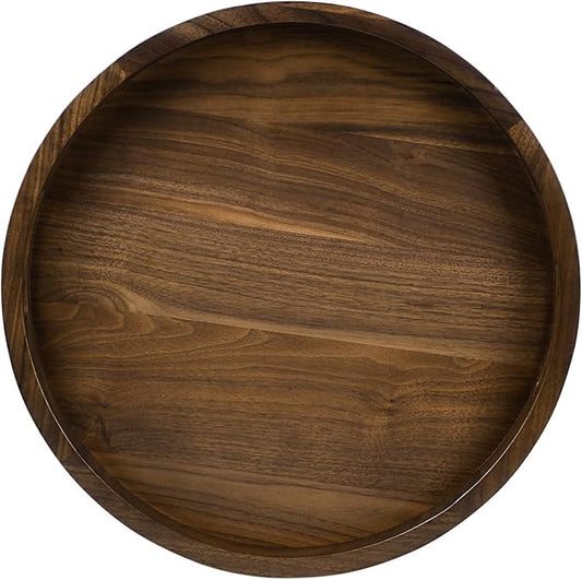 15 x 15 inches Round Ottoman Table Tray, Wooden Solid Black Walnut Circle Platter Decorative Serving Tray with Handle for Oversized Ottoman Home Breakfast in Bed Tea Coffee