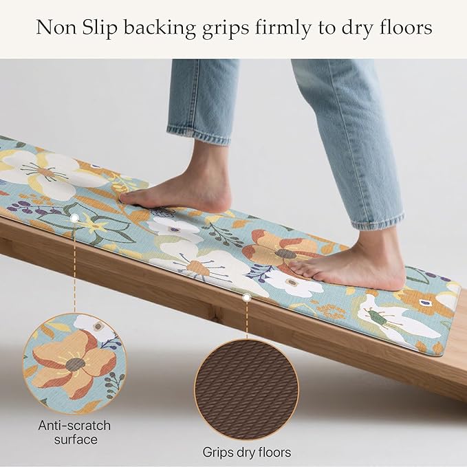 GENIMO Kitchen Mats for Floor 2PCS, Cushioned Kitchen Rugs Non Slip Washable, Farmhouse Anti Fatigue Mat Waterproof, Comfort Standing Mat Rug for Office, Home, Laundry, 17.3"x47"+17.3"x30", Aqua