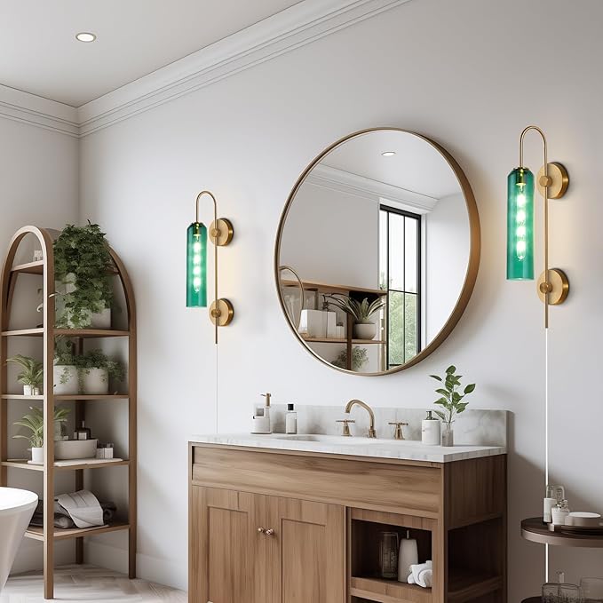 BOKT Modern Gold Plug in Wall Sconce Green Glass Bedside Wall Light Fixtures Plug in Cord Mid Century Long Metal Wall Sconce Single Bathroom Bar Wall Lamp (Green)