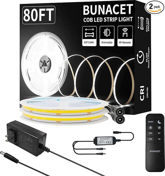 80FT/24m COB LED Strip Light (2 Rolls of 40ft) Warm White Dimmable 6500K High Lumen CRI 90+ with 24V Power Adapter RF Remote LED Lights for Bedroom Counter Under Cabinet Kitchen Projects