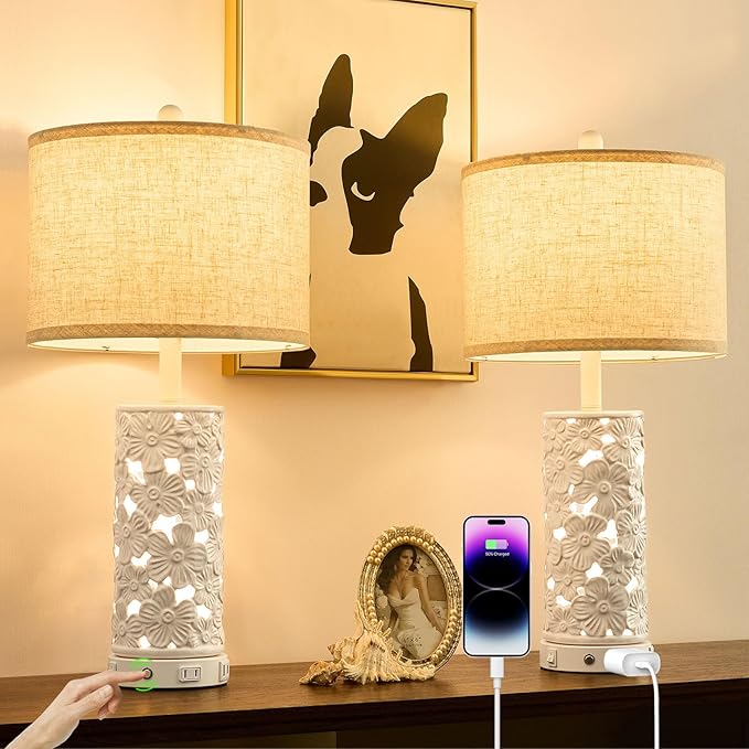 25.5" Modern Ceramic Table Lamp Bedroom Lamp for Bedside, 2 USB & AC Outlet with Night Light White Lamps Farmhouse Night Stand Lamps for Living Room Study Room Office (White-2 Pack)
