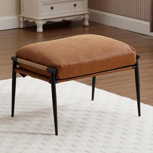DUOMAY Cute PU Leather Single Footrest, Upholstered Footstool with Black Metal Legs Mid Century Modern Vanity Room Ottoman Shoe Stool for Living Room Bedroom Dressing Room, Brown