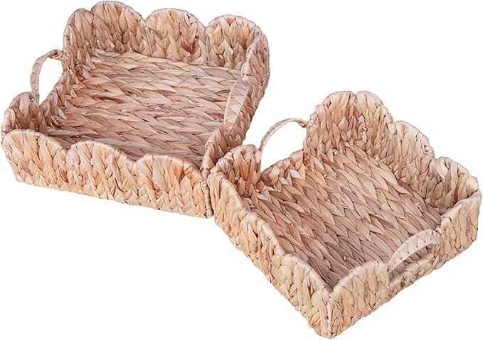 Water Hyacinth Scalloped Trays, Wicker Serving Trays with Handles, Woven Rattan Square Seagrass Tray for Decor, Set of 2