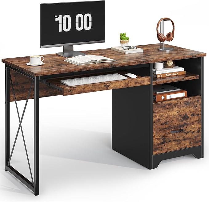 Bestier 47" Computer Desk with Drawers, Small Home Office Desk with Drawer, Reversible Industrial Office Desk with Storage & Keyboard Tray for Small Space Home Office & Studio, Rustic Brown