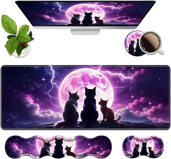 4 in 1 Ergonomic Memory Foam Mouse Pad Wrist Rest Set, Large XXL Gaming Desk Pad + Keyboard Wrist Rest + Mouse Wrist Cushion + Coaster for Home Office Study Gaming, Cats Under The Moon