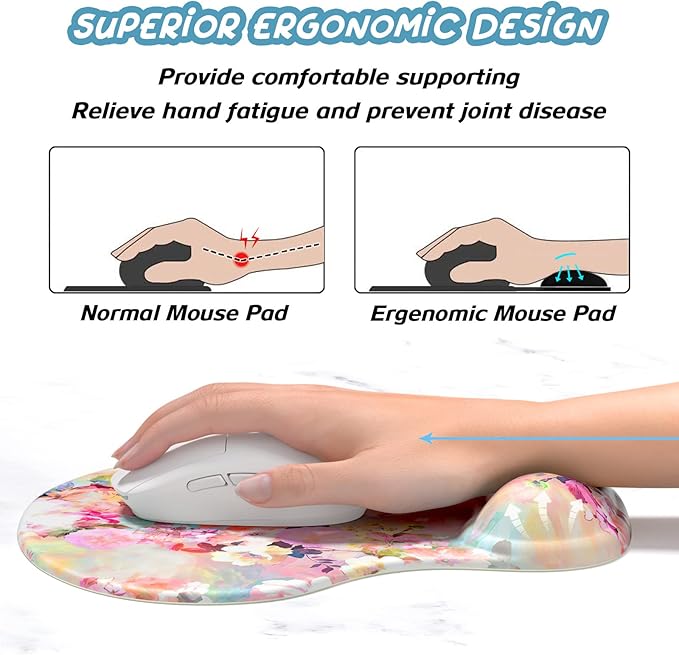 Hsurbtra Ergonomic Mouse Pad with Wrist Rest Support, Gel Mouse Pads with Non-Slip PU Base, Pain Relief Memory Foam Computer Mat, Cute Office Supplies Desk Decro Accessories, Pink Flower