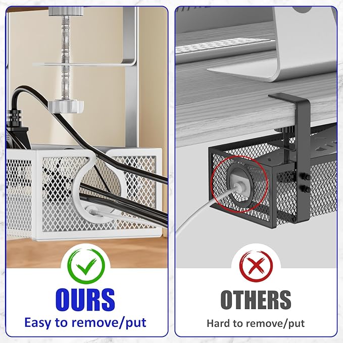 Under Desk Cable Management Tray, Metal Long Arms(3.9in), No Drill Mesh Wire Management Tray Cable Box for Office, Desk Wire Organizer with Clamp Mount, 1 Pack, White