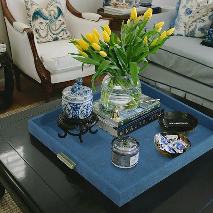 HofferRuffer Elegant Decorative Serving Tray, 20"x20" Square Faux Leather Ottoman Tray with Gold Hardware Handles, Coffee Table Serve Tea, Coffee or Breakfast (Navy Blue)