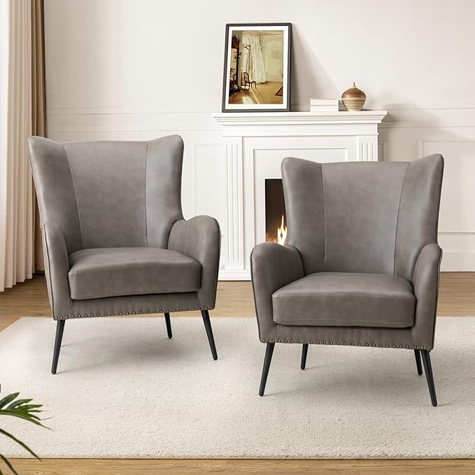 HULALA Home Faux Leather Accent Chair Set of 2 w/Removable Cushion, Comfy Upholstered Armchair with Metal Legs & Nailhead Trim Wingback Vanity Chair Desk Chair for Reading Living Room Bedroom, Grey