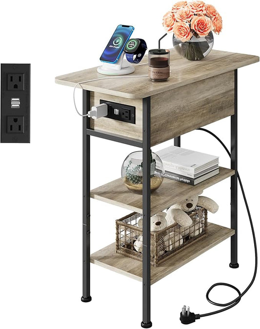 WLIVE End Table with Charging Station, Flip Top Side Table with Storage Shelf, Sofa Couch Table with USB Ports and Outlets, Narrow Bedside Table for Living Room, Bedroom ,11.81"D x 23.62"W x 24.33"H