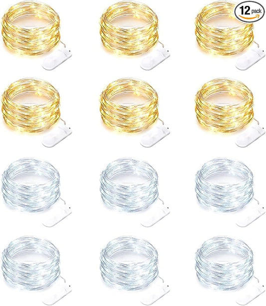 12 Pack Fairy Lights Battery Operated String Lights 7 Feet 20 Led Waterproof Christmas Lights Silver Wire Firefly Starry Moon Lights for Bedroom DIY Party WW+WT, White+Warm White