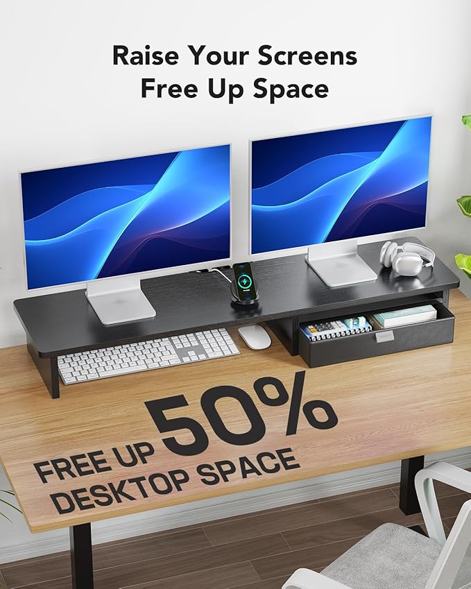 HUANUO Large Dual Monitor Stand with Drawer, Wood Monitor Stand Riser for 2 Monitors with Storage & Cable Management, Desktop Organizer up to 55" fit Monitor, Computer, TV, Printer