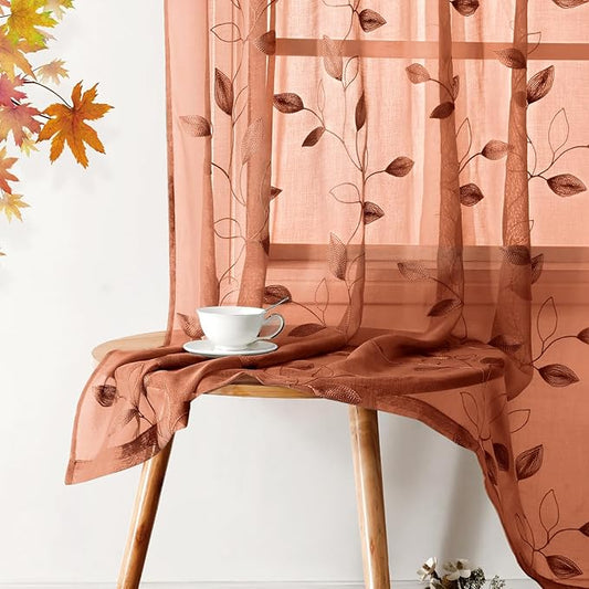 HOMEIDEAS Fall Burnt Orange Sheer Curtains 84 Inches Long 2 Panels Embroidered Floral Pattern Semi Sheer Window Curtains for Bedroom Living Room