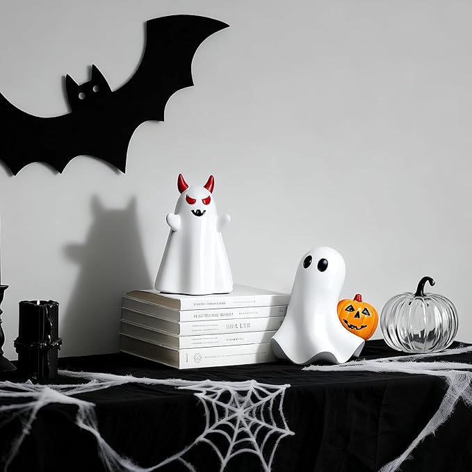 2 pcs Ghost Figurines Halloween Indoor Decoration, White Cute Ghost Halloween Table Decor Tiered Tray Decorations,Funny Devil&Pumpkin Ghost Figurine Resin Statue Centerpieces