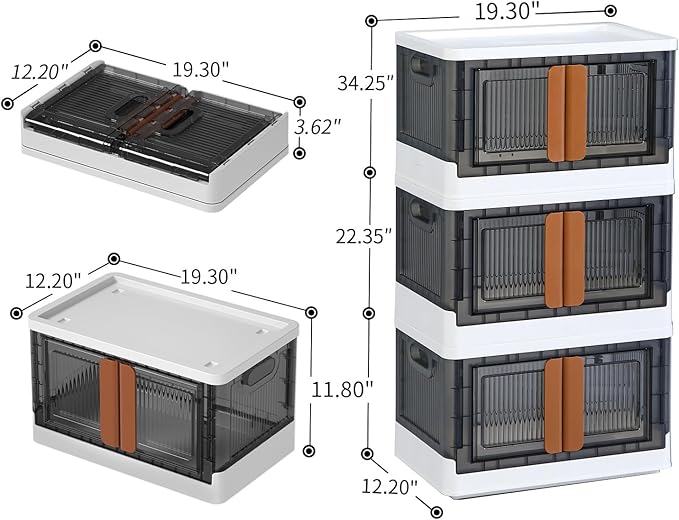 HAIXIN Closet Organizers and Storage - Trunk Car Organizer with Lids and Doors, Dorm Room Essentials, 8.4 Gal Collapsible Stackable Storage Bins, Plastic, 3 Pack
