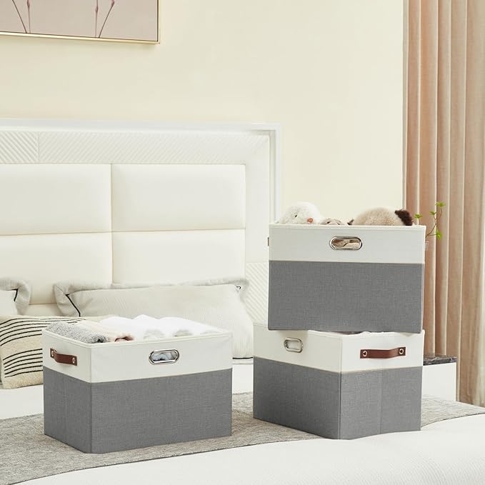Large Collapsible Fabric Storage Bins with 3 Handles, Foldable Organizer Baskets for Closet, Shelves, Living Room | 3 Pack, Durable PU & Metal Handles (17"x11.8"x11.8", Gray & White)