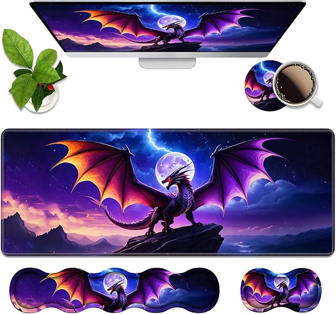 4 in 1 Ergonomic Memory Foam Mouse Pad Wrist Rest Set, Large XXL Gaming Desk Pad + Keyboard Wrist Rest + Mouse Wrist Cushion + Coaster for Home Office Study Gaming, Dragon