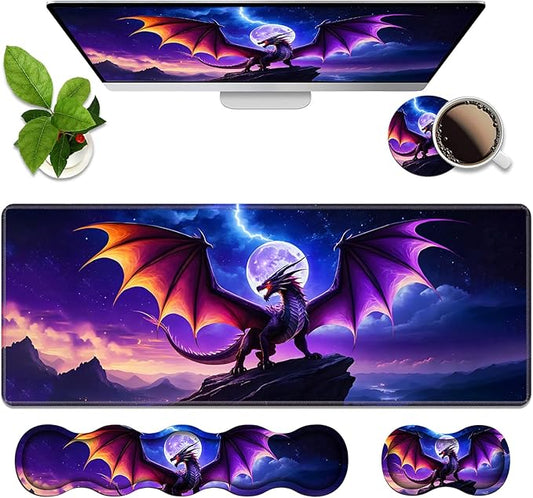 4 in 1 Ergonomic Memory Foam Mouse Pad Wrist Rest Set, Large XXL Gaming Desk Pad + Keyboard Wrist Rest + Mouse Wrist Cushion + Coaster for Home Office Study Gaming, Dragon