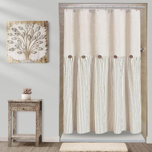 Awellife Farmhouse Beige Shower Curtain Button Linen Textured Woven Fabric,Pleated Beige Stripe,Country Style,60" W x 72" L