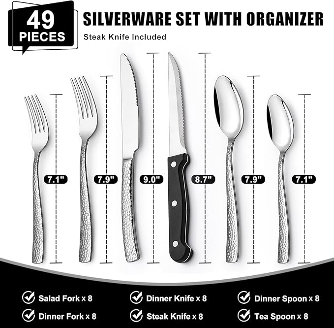 49-Piece Hammered Silverware Set with Organizer, Heavy Duty Stainless Steel Wave Flatware for 8, Cutlery Utensil Sets with Steak Knives, Rust-proof, Mirror Polished, Dishwasher Safe