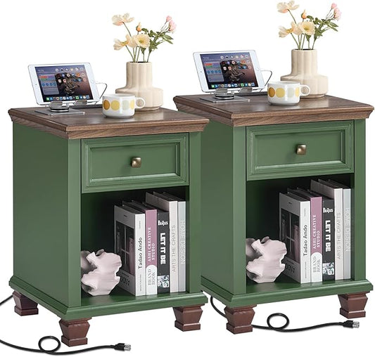 Farmhouse Night Stand Set of 2, Rustic Wood Nightstand with 1 Drawer, Bedside Table with Open Shelf for Bed Room, End Table for Living Room, Green
