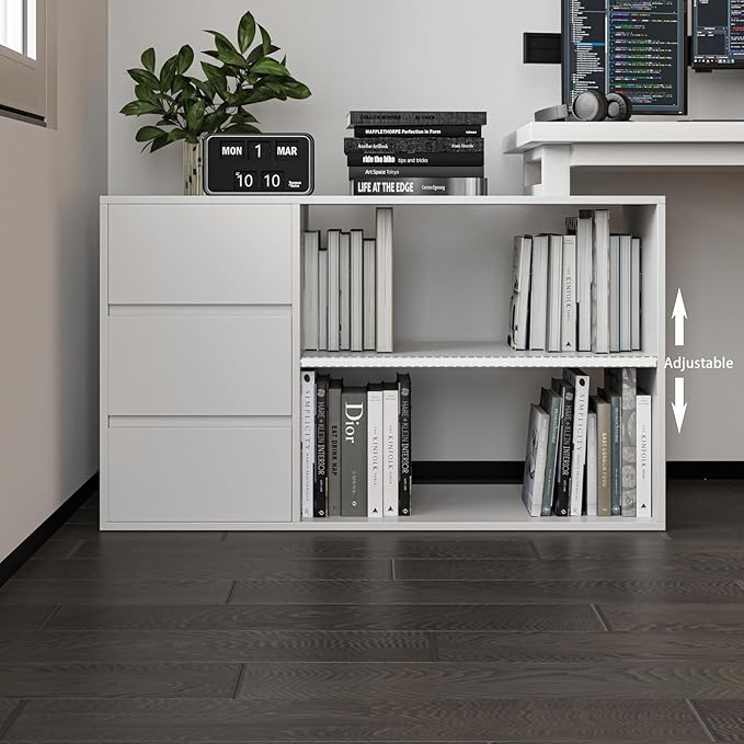 L Shape Computer Desk with 3 Drawers and 2 Shelves, Home Office Desk Corner Small Desk with Storage Cabinet for Writing Study Executive – White