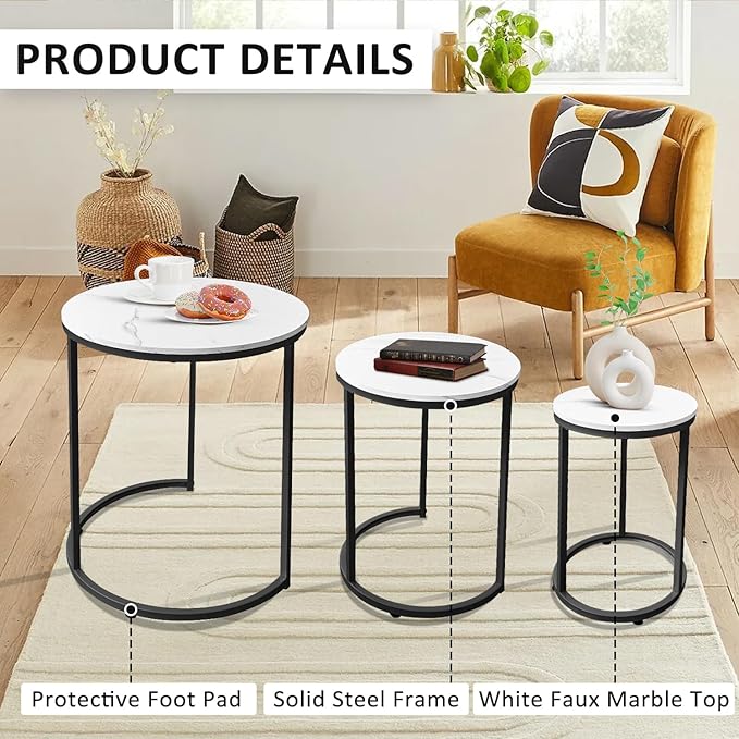 AT-VALY Nesting Tables Coffee Table Set of 3,Round Side Table Small Accent Table for Living Room,Bedroom Apartment (Black)