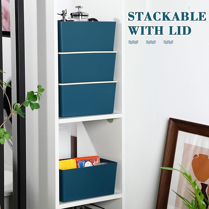 Menkxi 4 Pcs Storage Bins with Lids Plastic Containers Stackable Storage Box Baskets for Organizing Shelves(Blue,Small)