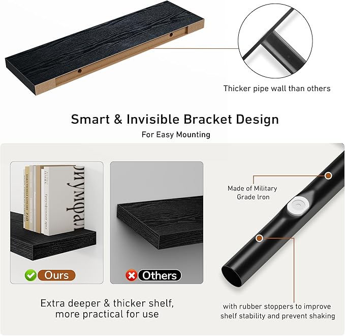 Fun Memories 36Inch Floating Shelves, 9.3Inch Deep Rustic Wall Shelves - Extra Deeper & Thicker Wall Mounted Storage Shelf for Kitchen, Farmhouse - Set of 2 - Rustic Black