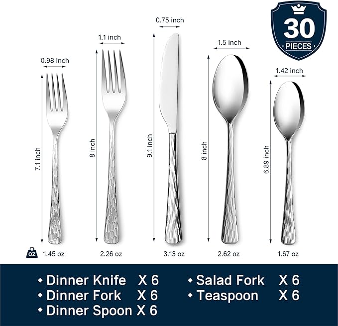 KINGSTONE Hammered Silverware Set, Flatware Set, 18/10 Stainless Steel Premium Cutlery with Unique Ripple Handles Design Mirror Polished - Dishwasher Safe (30-Piece)
