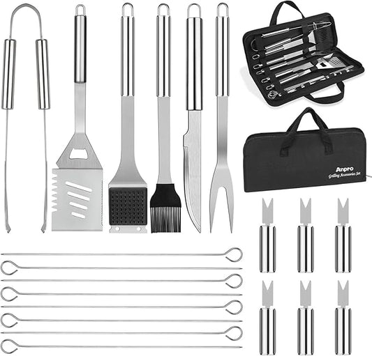 Anpro Grilling Accessories Grill Kit- Grill Set, Grilling Utensil Set, BBQ Accessories, BBQ Kit, BBQ Grill Tools, Grilling Gifts for Father's Day, Smoker, Camping, Kitchen,21 PCS-Standard Silver