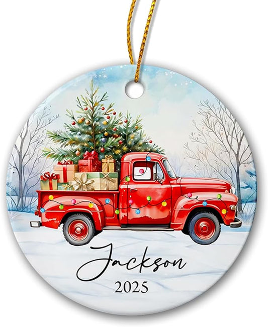 Merry Christmas Ceramic Ornament, Personalized Santa Truck Ornaments, Gift for Truckers, Custom Name Trucker Ornament for Dad Son, Red Truck Christmas Tree Decorations, Trucks Lovers Xmas Gifts