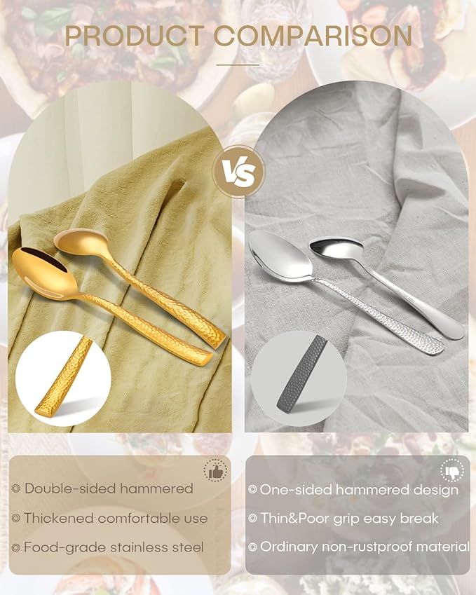65-Piece Gold Silverware Set with Serving Utensils, Ollex Durable Stainless Steel Hammered Flatware Set for 12 with Knives Forks Spoons Large Serving utensil Set for Home Restaurant, Dishwasher Safe