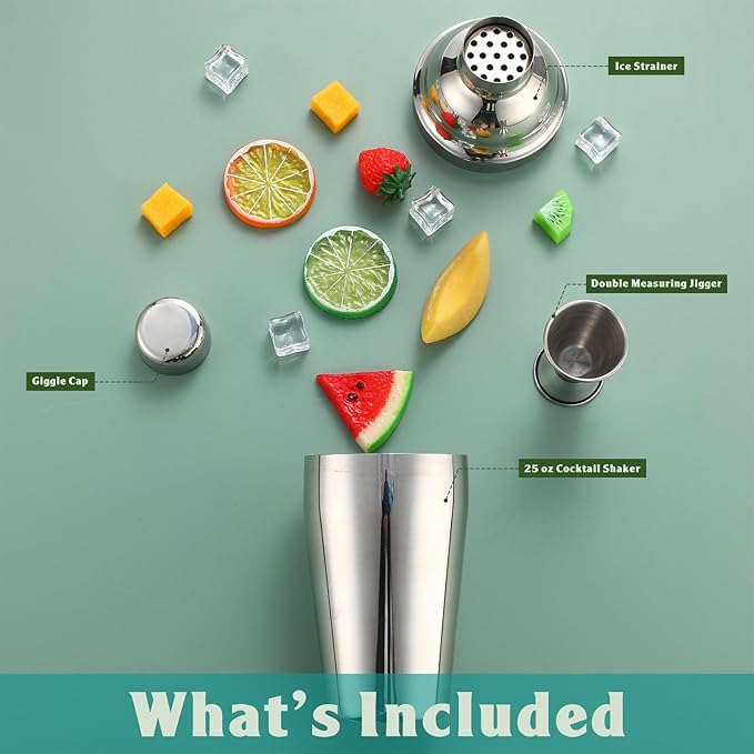 8 Packs Cocktail Shaker Set Martini Shaker Bulk Stainless Steel Martini Mixer with Strainer and Double Measuring Jigger for Bar Party Home Use Wine Bar Mixing Tool (18 Oz/ 550 ml)