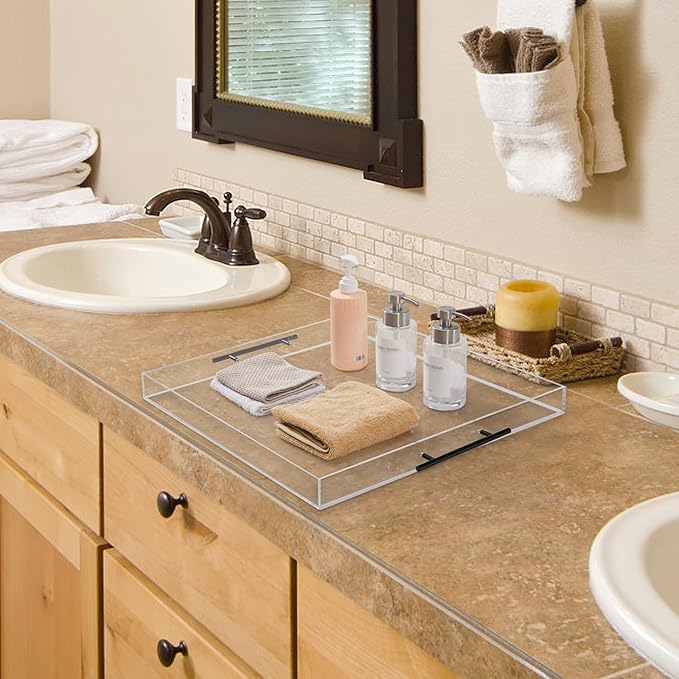 21×21 inches Oversized Clear Acrylic Ottoman Tray with Black Metal Handle and Safe Edge Extra Large Spill-Proof for Serving,Decorative King-Size Organizer Tray for Coffee Table Countertop