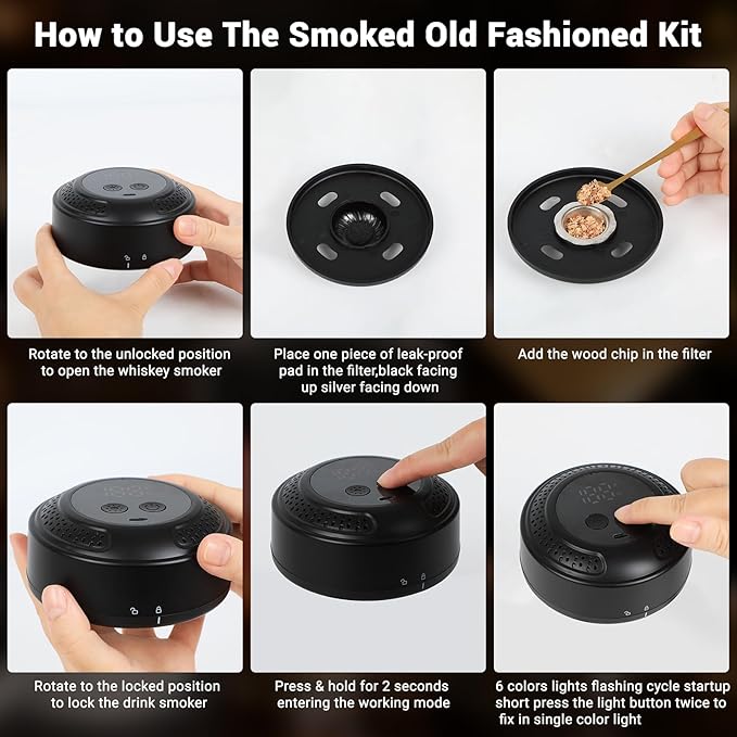 Electric Whiskey Smoker Kit with LED Lights Old Fashioned Drink Smoker Kit 6 Wood Chips 4 Ice Stone Cocktail Smoker Kit No Butane Needed Bourbon Whiskey Gifts for Men Dad Husband