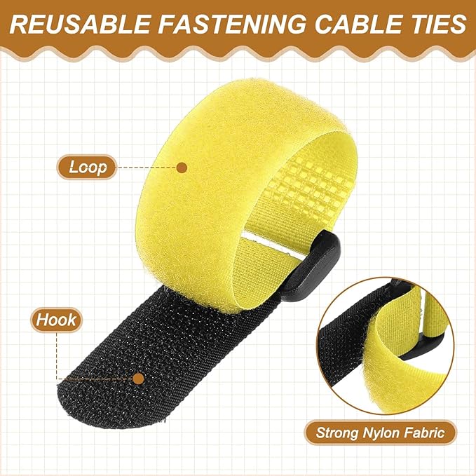 PATIKIL 6 x 0.79 Inch Reusable Cable Ties 10 Pcs Adjustable Hook and Loop Straps Cord Management Wire Wrap Cord Ties Organizer for Home Office Cables, Yellow