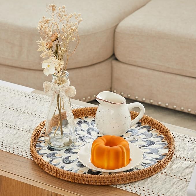 Shellac Rattan Tray with Mother of Pearl Inlay, Round Decorative Serving Tray for Home Décor Coffee Table Storage and Display, 100% Natural Materials - Ottoman Tray Black 12"