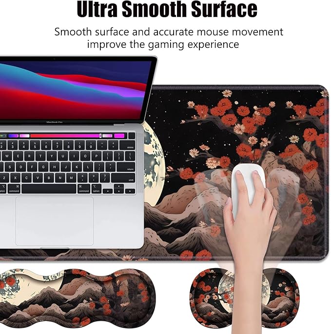 4 in 1 Ergonomic Memory Foam Mouse Pad Wrist Rest Set, Large XXL Gaming Desk Pad + Keyboard Wrist Rest + Mouse Wrist Cushion + Coaster for Home Office Study Gaming, Moon Peak Flowers