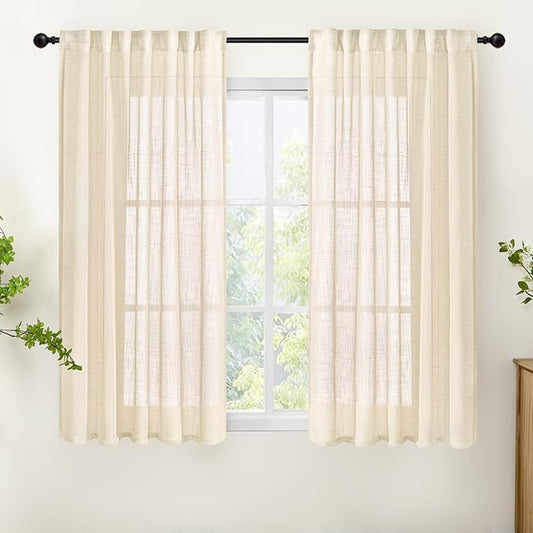 YoungsTex Linen Semi Sheer Curtains 48 Inch Length for Living Room Window - Beige Light Filtering Drapes with Rod Pocket Back Tab for Bathroom Bedroom, 2 Panels, 42 X 48 Inch