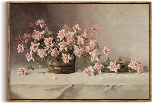 KISSFOX Vintage Floral Canvas Wall Art Framed Retro Pink Flower Botanical Painting Prints Farmhouse Rustic Still Life Roses Pictures Decor Gallery Office Living Room Bedroom Bathroom