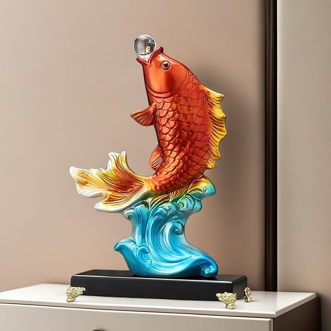 FUNSXBUG 13.3 Inch Large Chinese Feng Shui Fish Statue Sculpture Collectible Figurine Feng Shui Decor Home Office Decoration Tabletop Decor Ornaments Good Lucky Gifts (Red)