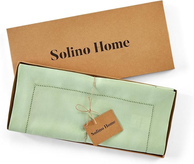 Solino Home Linen Hemstitch Table Runner 108 Inches Long - 100% Pure Linen Light Green Table Runner 14 x 108 Inch - Classic Hemstitch