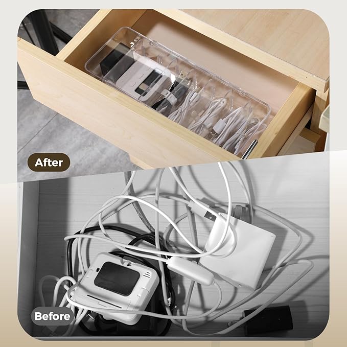 4 PCS Cable Organizer Storage, Cord Organizer 8-Compartment with Lid, Removable Dividers, Clear Cord Storage Organizer for Home Office Desk