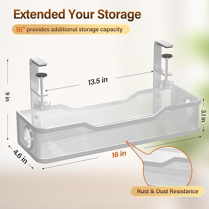 [Upgraded] 2 Pack Under Desk Cable Management Tray, Cinati Cord Organizers for Table Thickness up to 3", 16" Wire Organization with Clamp No Drill, Cable Management Box for Office - No Damage to Desk
