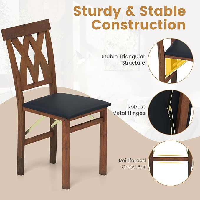 GOFLAME Folding Dining Chairs Set of 4, Foldable Kitchen Chairs with PVC Leather Padded Seat and Rubber Wood Frame, Elegant Hollowed Backrest, Wooden Dinner Chair Set for Dining Room, Walnut