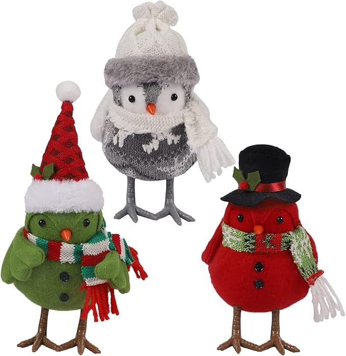 Prsildan Christmas Table Decorations Birds, Set of 3 Christmas Bird Figurine Table Top Decor, Green Red Gray Xmas Birds Ornaments for Winter Home Kitchen Fireplace Mantel Holiday Party