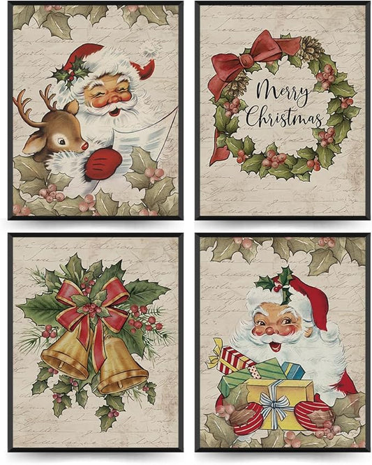 ETVISO Vintage Christmas Wall Art Prints Set of 4, Retro Christmas Garland Poster, Winter Holidays Gift Print Decor for Gallery, Living Room, Bathroom, 8x10 (Unframed)